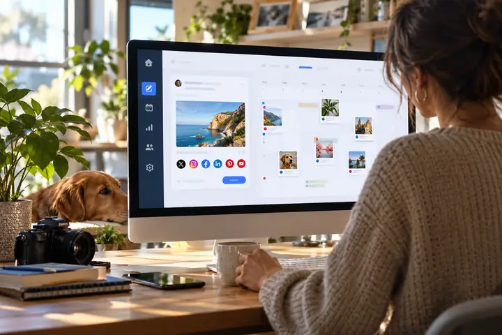 Un tableau de bord de programmation des publications sur les réseaux sociaux, lumineux et soigné, avec une barre latérale, une carte d’aperçu de publication et un calendrier éditorial simple.